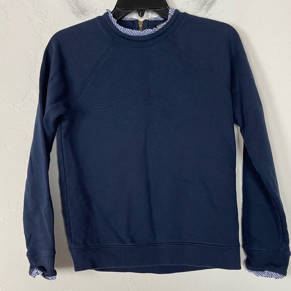 J Crew‎ Sweatshirt Sweater Pullover Crew Neck Navy Blue Ruffle Collar Zip Back